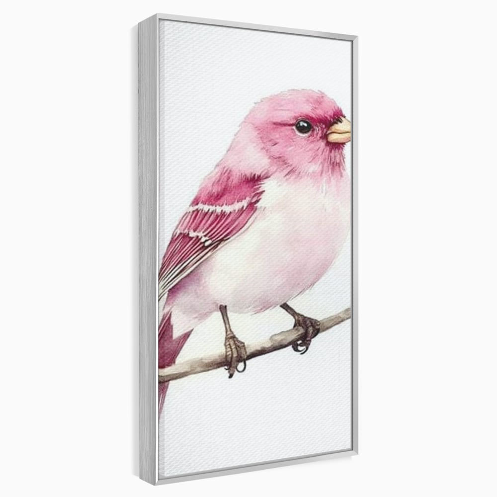 Tablou canvas cu tablou canvas cu pasare roz pe creanga, in rama de aluminiu argintiu